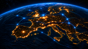Illustration Europas bei Nacht mit orange leuchtenden Städten und blauen Verbindungslinien als Symbol europäischer Vernetzung.