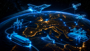 Europakarte mit leuchtenden Verbindungen zwischen Schiffen, Hafenanlagen, Flugzeug, Drohne und Satellit als Symbol europäischer Lieferketten.